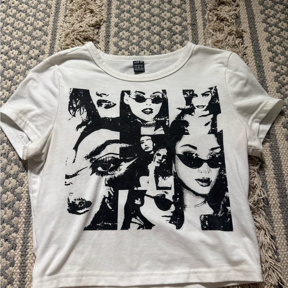 SHEIN White Short Sleeve Tee with Black Photo Collage Graphic